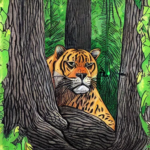 Prompt: big cats hide in the trees cartoon