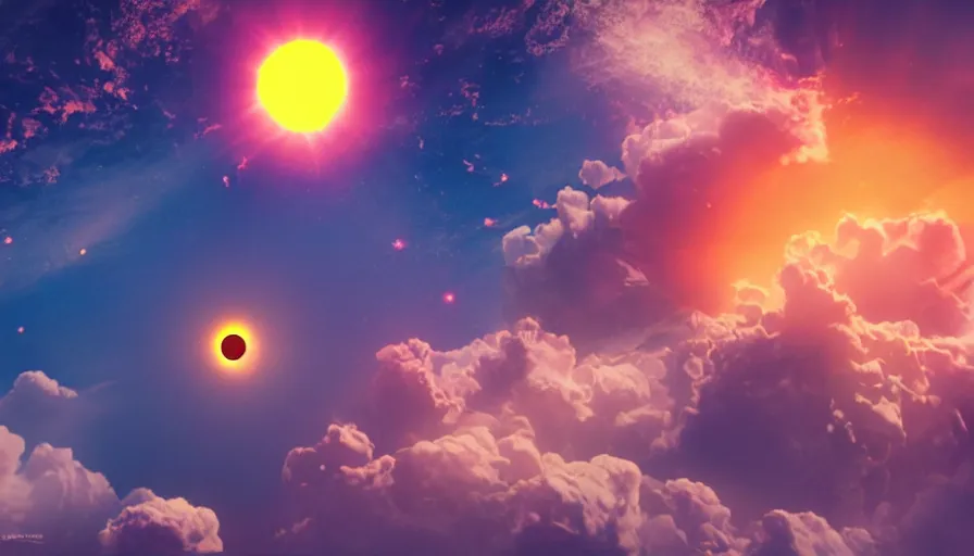 Image similar to hexagon eclipsing sun, floating in space, colorful clouds below matte painting, trending on artstation, realistic, octane render, cinematic, epic