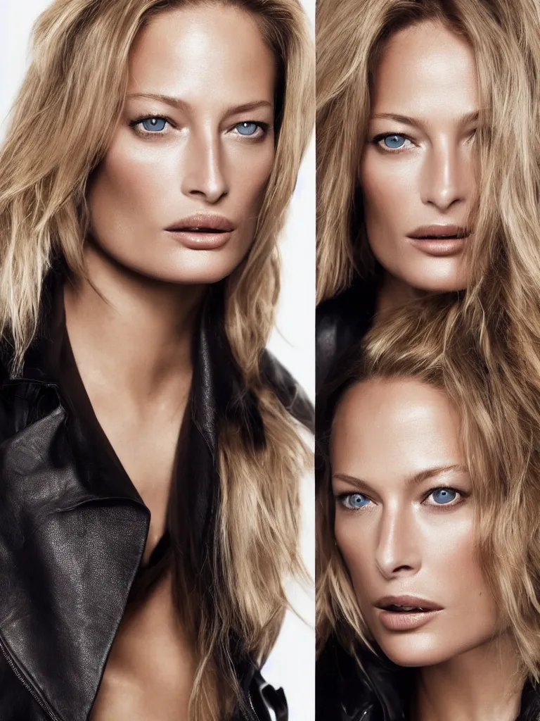 Prompt: a beautiful single close - up headshot portrait of attractive female fashion model carolyn murphy with symmetrical features and beautiful. flowing long blonde hair with a disdainful and arrogant expression and wearing a black leather jacket and black leather bra. trending on artstation., centre image, clean borders, + symmetry + symmetrical studio lighting ; photorealistic