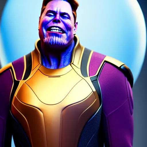 Image similar to a portrait of elon musk as thanos, the pixar adaptation, with same hairstyle, full body shot, hyper detailed, digital art, trending in artstation, cinematic lighting, studio quality, smooth render, unreal engine 5 rendered, octane rendered