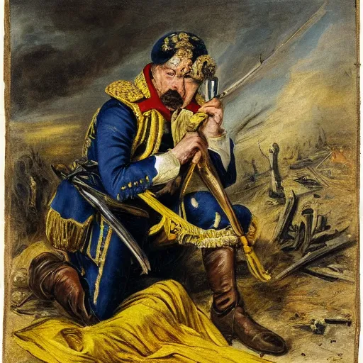 Image similar to Volodymyr Zelensky at war, dressed like Napoleon Bonaparte, sitting on the ground between dead corpses and weeping, holding a half burnt blue and yellow flag of Ukraine, sharp focus, in the style of Peter Paul Rubens