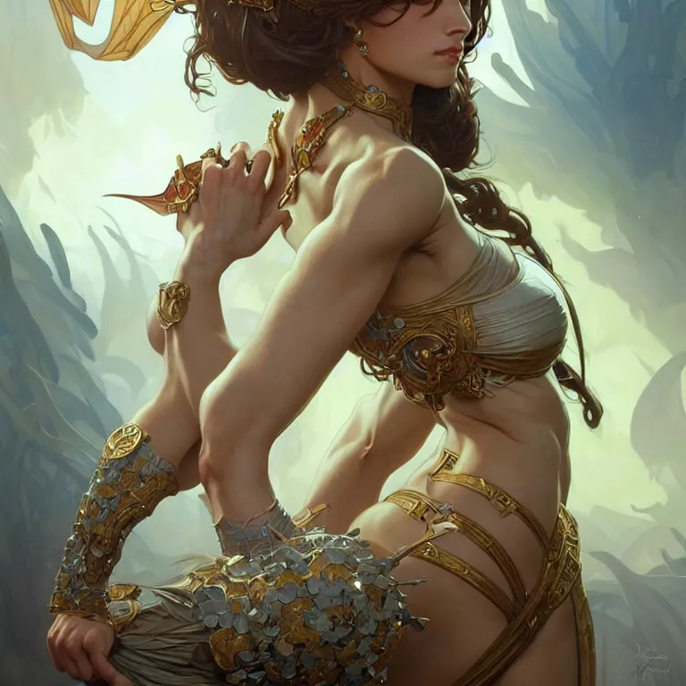 Prompt: queen hot female, muscular upper body,lean body,D&D, fantasy, intricate, elegant, highly detailed, digital painting, artstation, concept art, smooth, sharp focus, illustration, art by artgerm and greg rutkowski and alphonse mucha