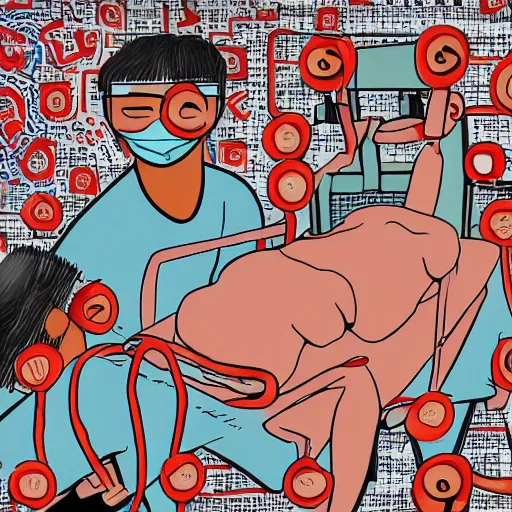 Image similar to chinese surgeons operating on a body on an operating table, in the style of daniel johnston and outsider art, 8k, line brush, minimal, overlaid with chinese adverts, collage