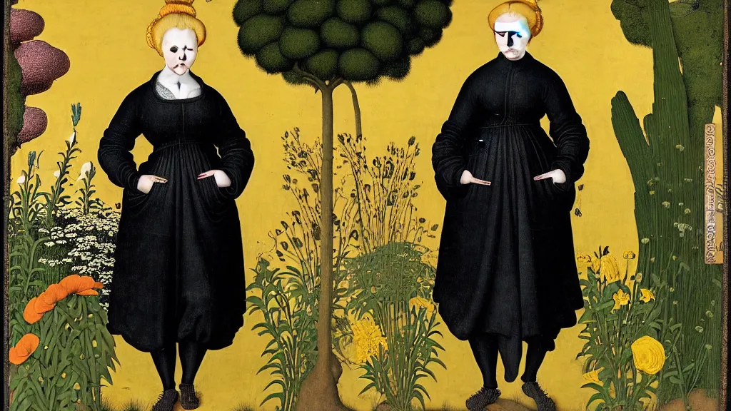 Prompt: portrait of a curvy woman with yellow hair buns, wearing a black raincoat and leggings, standing in a garden full of plants and flowers, intricate details, high detail, in the style of rogier van der weyden and jacopo da pontormo, punk, asian art,