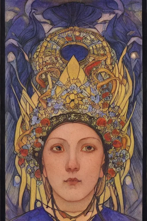 Image similar to the lantern crown, by Annie Swynnerton!!!! and Nicholas Roerich! and (Edmund Dulac) and ((((Diego Rivera)))), tattoos, elaborate costume, geometric ornament, symbolist, rich colors, dramatic lighting, smooth, sharp focus, extremely detailed