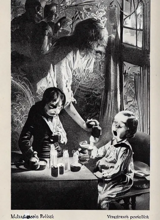 Prompt: vintage pharamaceutical magazine advertisement depicting charles manson feeding pills to children, by ernst haeckel