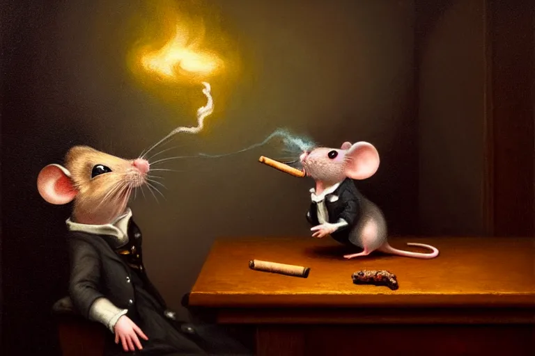 Prompt: a mouse is smoking cigar in a gothic atelier, oil painting, detailed, colorful, glowing lighting, 4 k, dimly lit, in the style of yanjung chen and tom bagshaw,