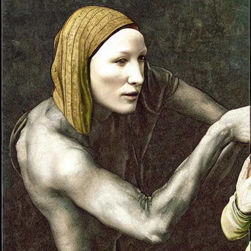 Image similar to painting of cate blanchett in the creation of adam by leonardo davinci
