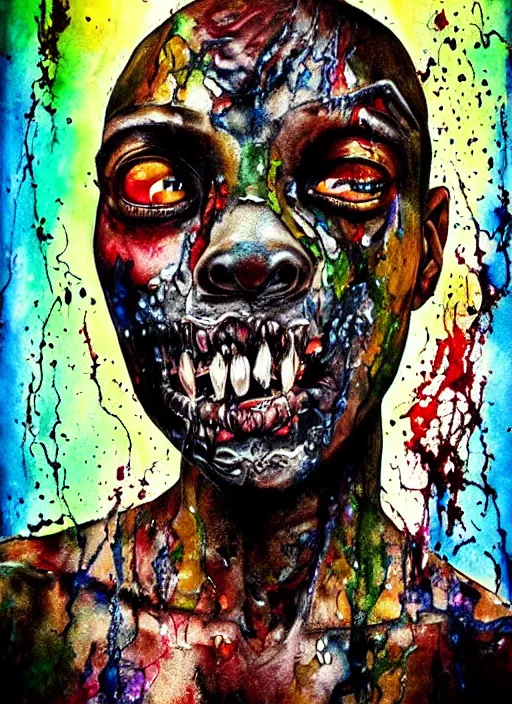 Image similar to african american zombie hollywood artwork professional acting headshot, hyperrealism, intricate detail, studio lighting, charming expression gesicht, hauntingly beautiful zombie, watercolor art, epic, legendary, drawn and painted, colored layers, dulled contrast, exquisite fine art, splatterpaint