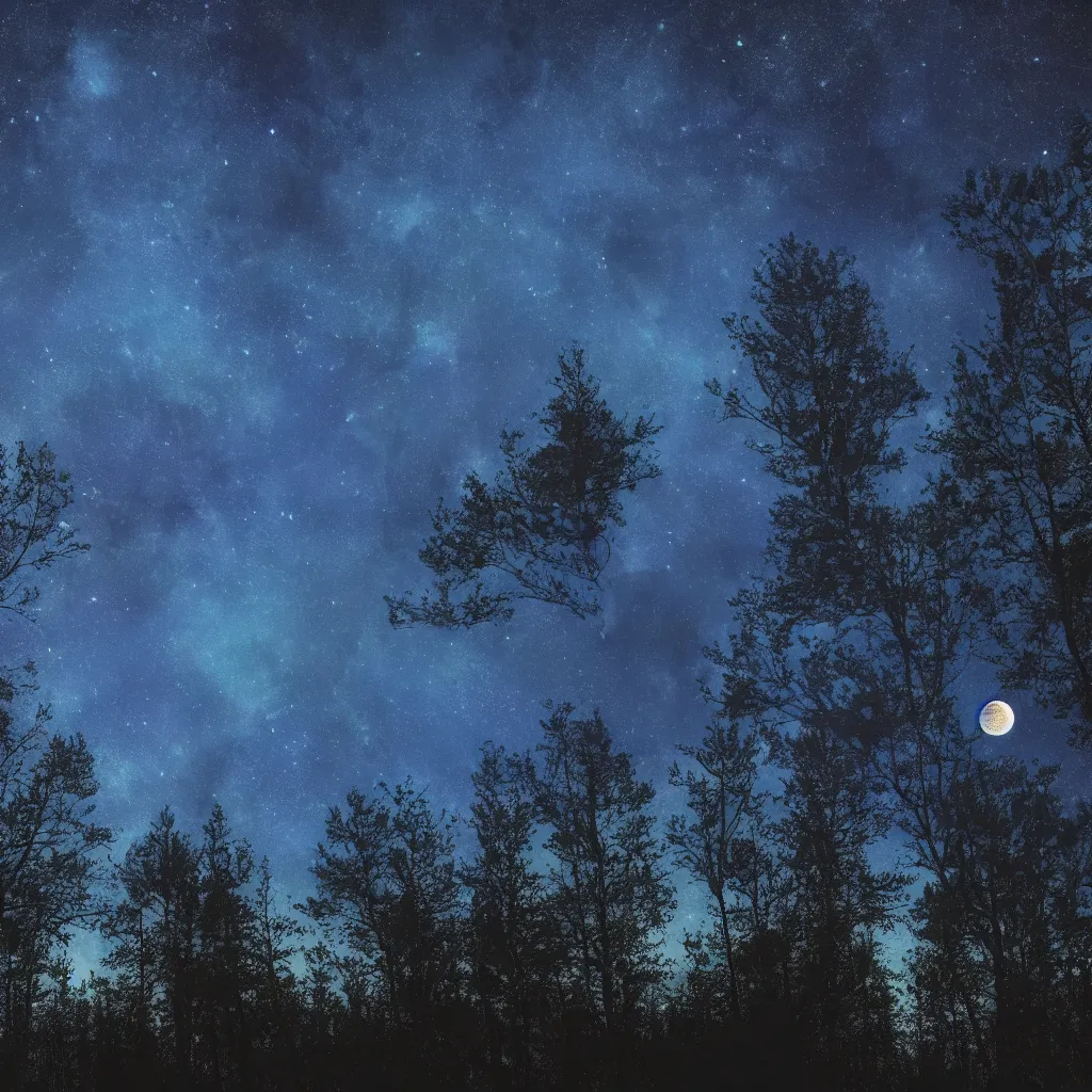 Image similar to night forest, stars, moon, blue light, 8 k, realistic