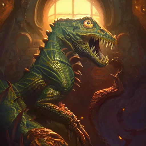 Image similar to lizardman, backlight, rim lighting, deep focus, d & d, fantasy, intricate, elegant, highly detailed, digital painting, artstation, concept art, matte, sharp focus, illustration, hearthstone, art by artgerm and greg rutkowski and alphonse mucha