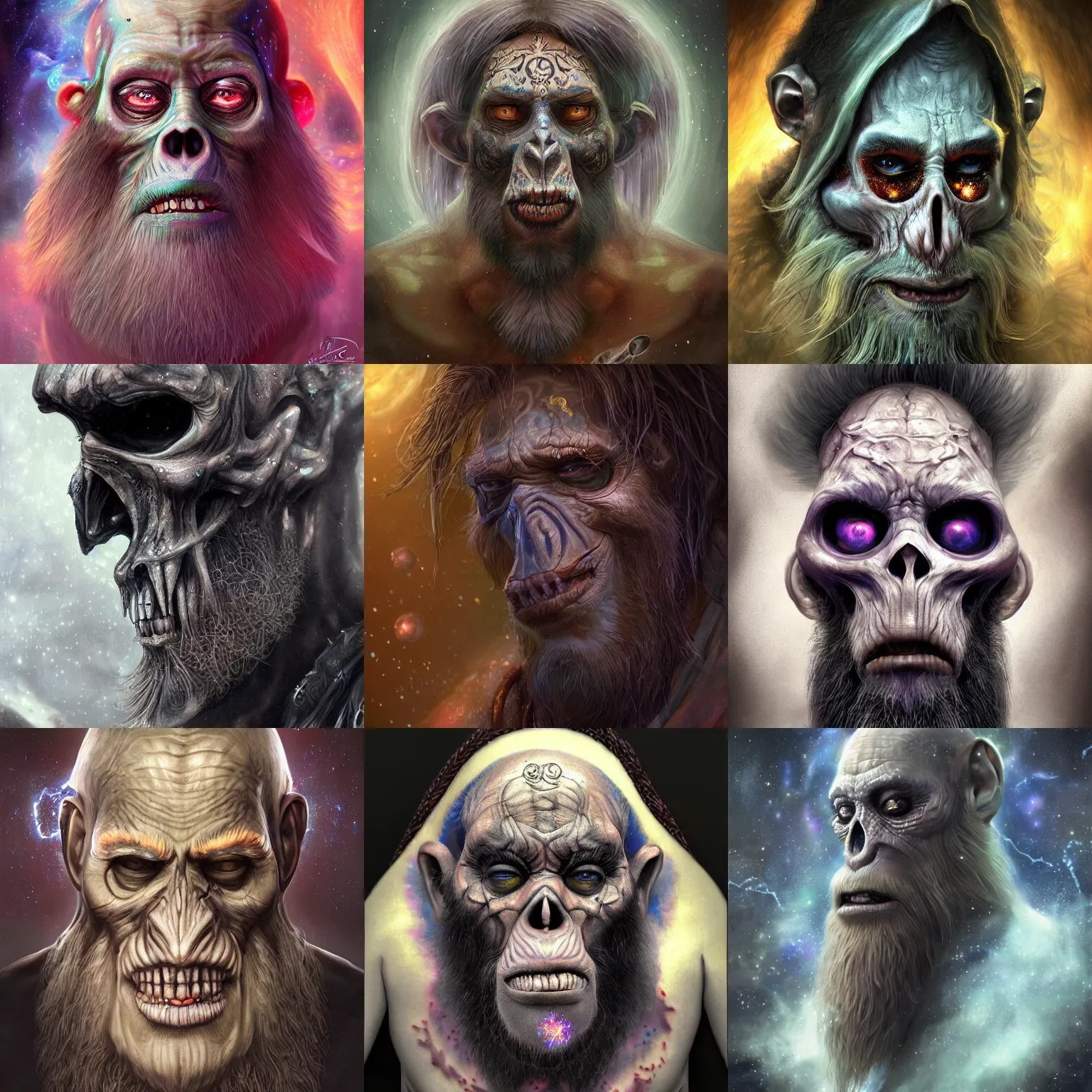 Image similar to a wlop 3 d render of very very very very highly detailed beautiful mystic portrait of a phantom undead mage ape with whirling galaxy around, tattoos by anton pieck, intricate, extremely detailed, digital painting, artstation, concept art, smooth, sharp focus, illustration, intimidating lighting, incredible art,