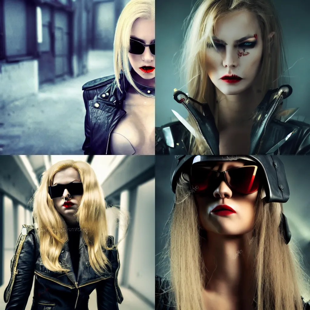 Prompt: blond female vampire with long hair and sharp facial features wearing military uniform and sunglasses intimidating atmosphere sci-fi cyberpunk realistic