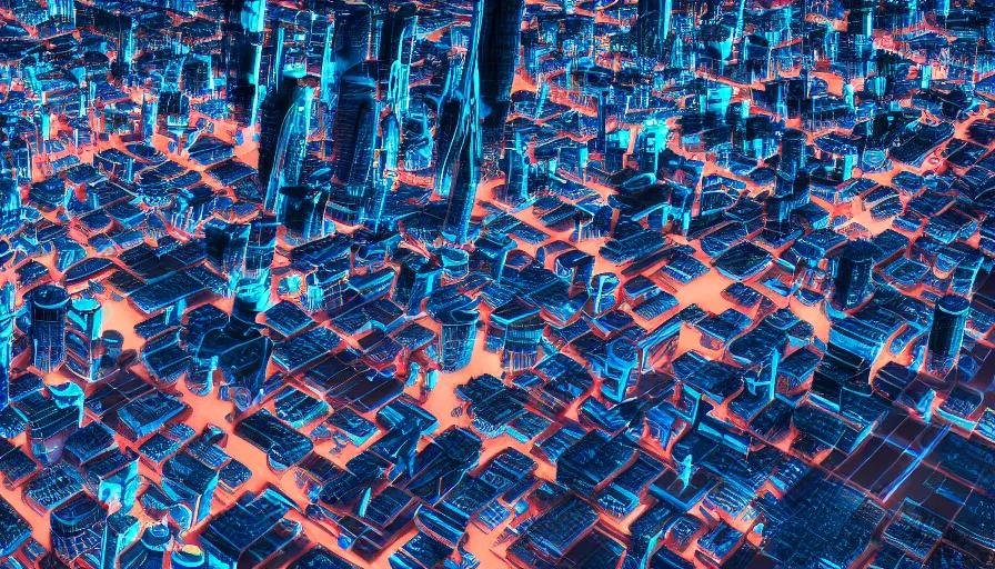 Image similar to Aerial Shot of A city split in different factions, Dytopia, Digital Art, Rendering, Hyperdetailed, Smooth Gradients, 100mm, Anamorphic Lens, Realistic Lighting, High Resolution