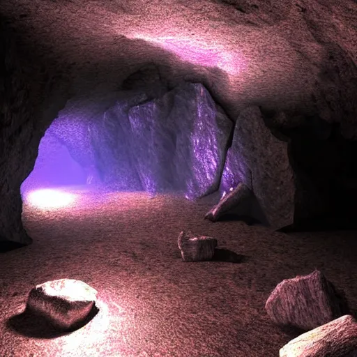 Prompt: a dark, foreboding cave with strange, glowing crystals, digital art, harsh lighting