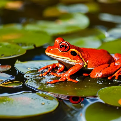 Image similar to photograph of a red frog on a lily pad in a swamp