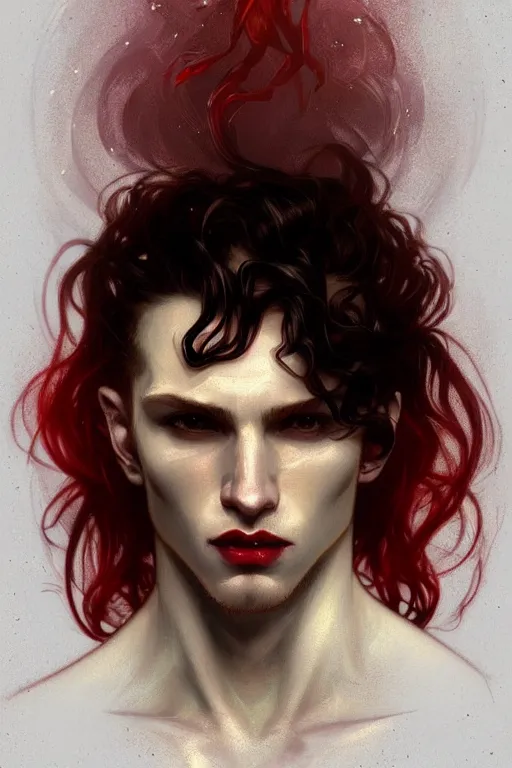 Image similar to portrait of a beautiful young fit male vampire with curly blond hairs and pale skin, dressed with urban clothes, by greg rutkowski and alphonse mucha, d & d character, gradient white to red, modern nocturnal background, highly detailed portrait, digital painting, artstation, concept art, smooth, sharp focus ilustration, artstation hq