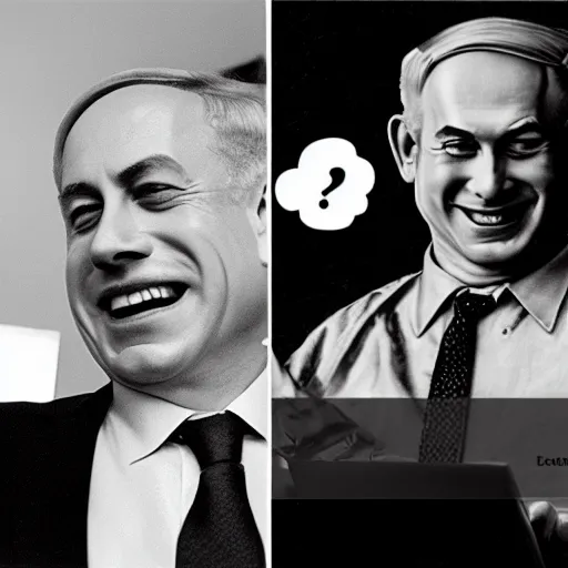 Image similar to benjamin netanyahu laughing at computer screen, in office, alone, black background, by norman rockwell