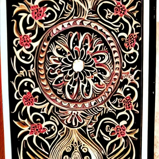 Image similar to Painted wood relief carving of Flowerpunk, explosion of flowers, intricately carved, fractal, tarot, black ink, holi