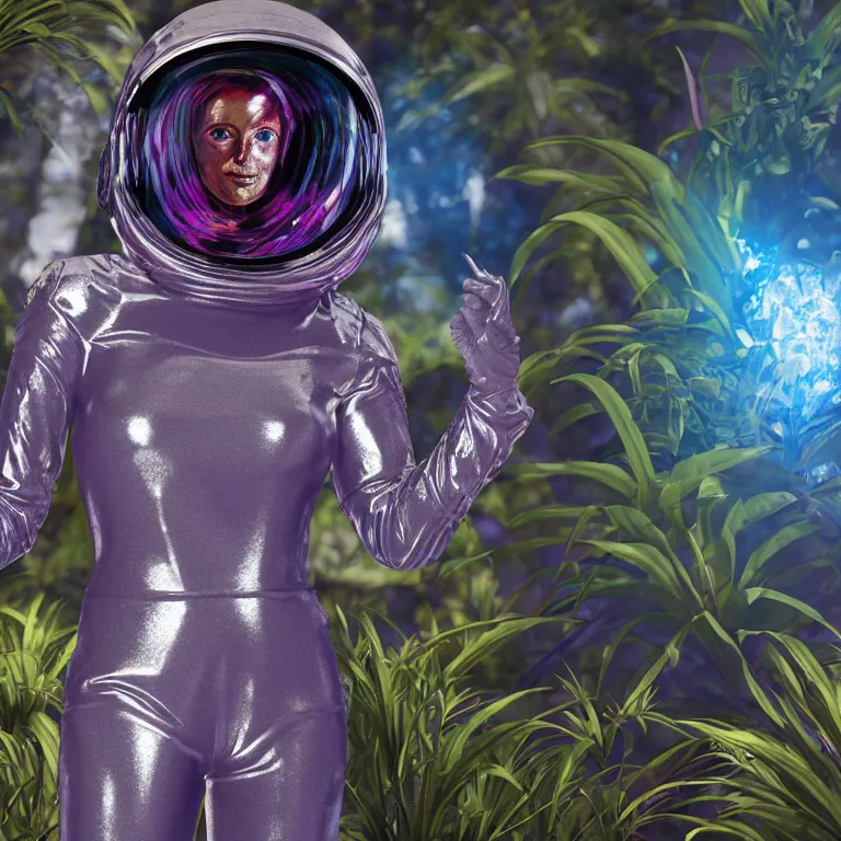 Prompt: octane render portrait by wayne barlow and carlo crivelli and glenn fabry, subject is a woman covered in tie - dye aluminum foil space suit with a colorful metallic space helmet, surrounded by alien plants, cinema 4 d, ray traced lighting, very short depth of field, bokeh