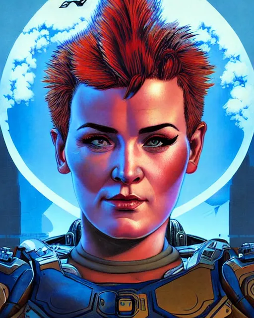 Image similar to zarya from overwatch, crazy look in his eyes, character portrait, portrait, close up, concept art, intricate details, highly detailed, vintage sci - fi poster, retro future, in the style of chris foss, rodger dean, moebius, michael whelan, and gustave dore