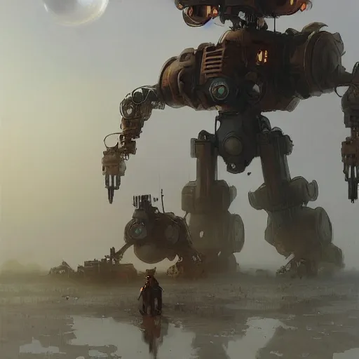 Image similar to gigantic steampunk mecha walking, dense fog,, sunset, trending on artstation, jakub rozalski