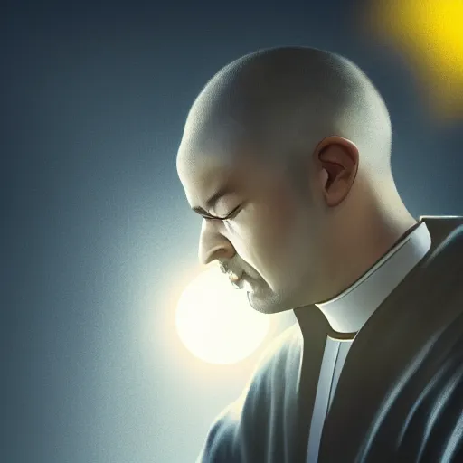 Image similar to Close up of a priest in his thirties fervently praying as he is about to die from the ominous yellow shadow descending upon him from the night sky. Low angle, dramatic lighting. Award-winning digital art, trending on ArtStation