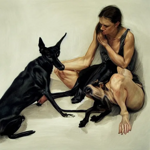 Image similar to woman with black greyhound, by jenny saville. dark atmosphere