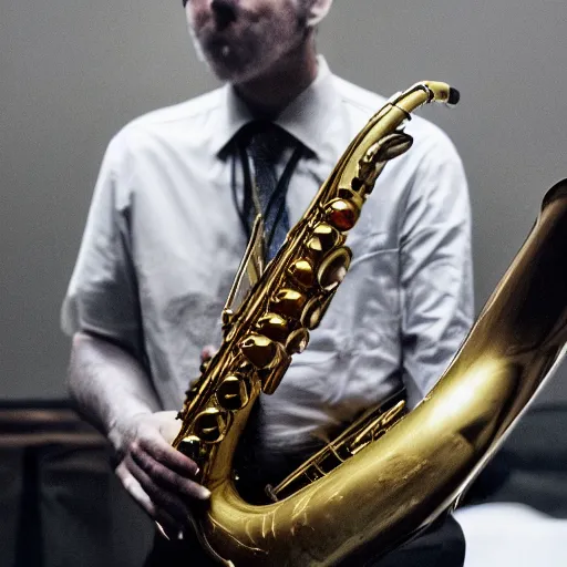 Image similar to a man playing three saxophones at the same time