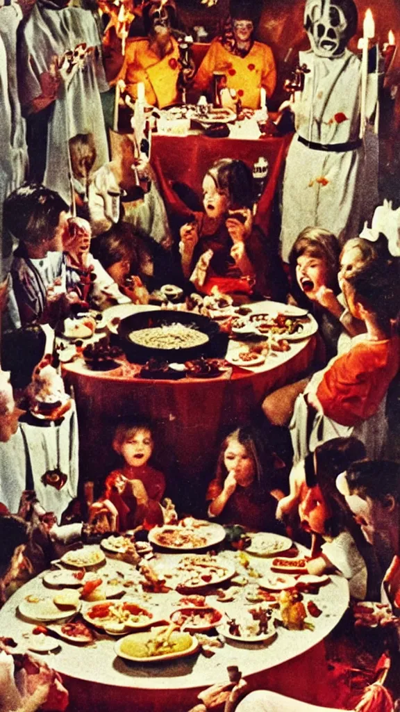 Image similar to occult satanic food ritual, 1 9 6 0 s food magazine photo, kodachrome