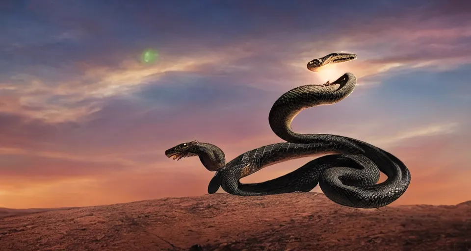 Prompt: photo of a snake riding on the back of a crocodile in the middle of the mojave desert. photorealistic, award winning, sunset, lens flare, atmospheric lighting, 4 k