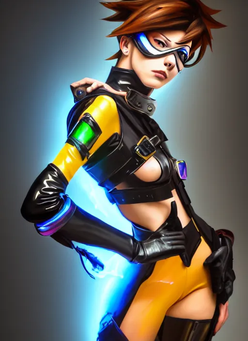 Image similar to oil painting digital artwork of tracer overwatch, confident pose, wearing black iridescent rainbow latex, 4 k, expressive happy smug expression, makeup, in style of mark arian, wearing leather collar, wearing sleek armor, black leather harness, expressive detailed face and eyes,