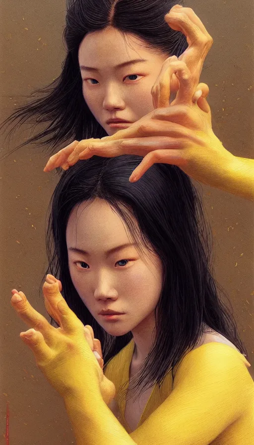 Image similar to epic masterpiece mulan, drama, sweaty skin, hyperrealistic, octane render, cinematic, beautiful face and flawless skin, perfect hands, 5 fingers, yellow by Edgar Maxence and Ross Tran and Michael Whelan and Lorenzo Sperlonga, Brom, Legends of Runeterra