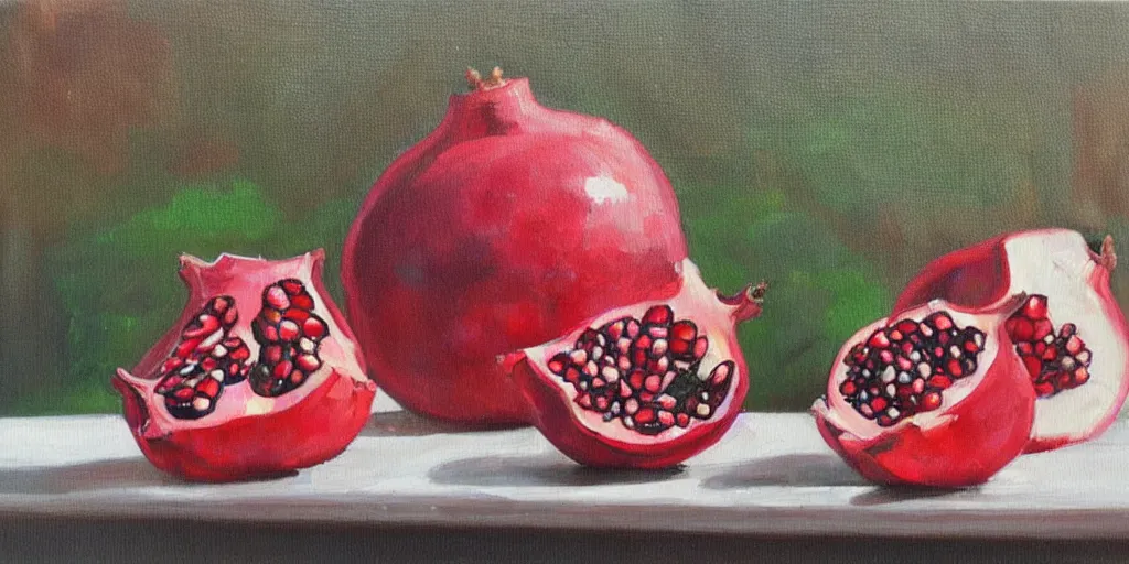 Prompt: pomegranates on the table, oil paint