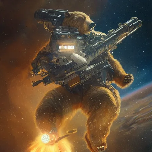 Prompt: detailed science - fiction character portrait of a grizzly bear shooting a machine gun in space, intricate, wild, highly detailed, digital painting, artstation, concept art, smooth, sharp focus, illustration, art by artgerm and greg rutkowski and alphonse mucha