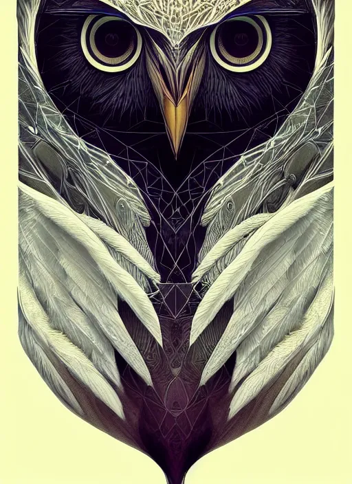 Image similar to portrait of a geometric owl, identical eyes, medium shot, illustration, full body made of white feathers, symmetrical, art stand, super detailed, cinematic lighting, and its detailed and intricate, gorgeous, by peter mohrbacher