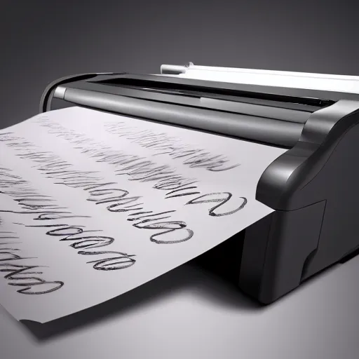 Image similar to high quality art of a printer printing out a long sheet of paper covered with writing, floating in space, trending on artstation