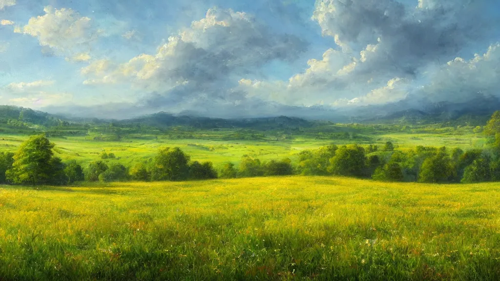 Image similar to the most beautiful panoramic landscape, oil painting, meadow with trees starting to bloom, leaves falling, cinematic lighting, highly detailed, very realistic