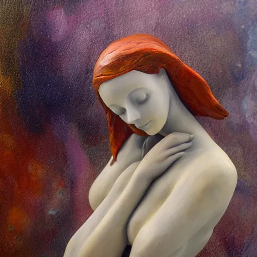 Image similar to rigorous underwater photography, deep depth of field by dorina costras. a sculpture of a young woman holding an orange