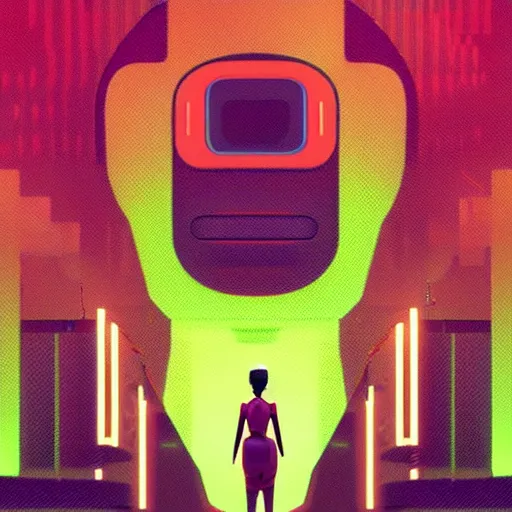 Image similar to a graph - style woman walking across a lush green field, a huge robot head in front of her, cyberpunk art by by james gilleard, cgsociety, retrofuturism, synthwave, retrowave, outrun