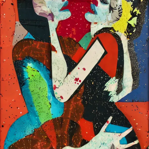 Image similar to two curvy women kissing at a carnival at dusk, mixed media collage, retro, paper collage, magazine collage, acrylic paint splatters, bauhaus, abstract claymation, layered paper art, sapphic visual poetry expressing the utmost of desires by jackson pollock