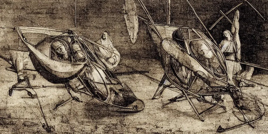 Image similar to Leonardo Da Vinci crashes on the ground with his wooden helicopter prototype. Film scene. Dust. Flames. Leonardo Da vinci in panic. Great light. Sunny day.