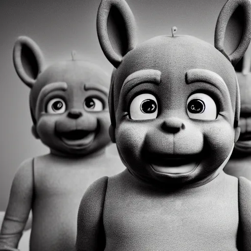 Image similar to black and white distorted Teletubbies with wide open human realistic eyes, highly detailed, sharp focus, octane render, noisy image