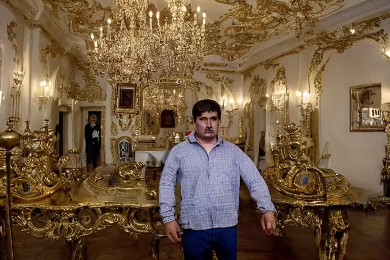 Image similar to el chapo standing in the middle of a grandiose mexican mansion. everything is made out of gold. el chapo is sipping on wine. the mansion is incredible and ornate. chapo has a clockwork chain.