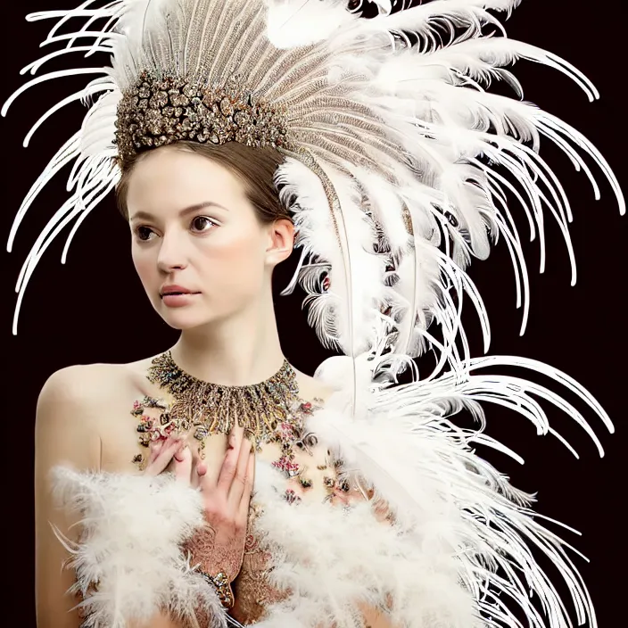 Image similar to photo portrait of a beautiful woman like a queen-feathers-angel, dressed in long elegant intricate ornamental roots white dress, natural skin tone, intricate mandelbrot fractal highly detailed feathers ornament in the upper side of breast, bust with a very long neck , hair are wired feathers, elegant, highly detailed intricate feathers ornament in her long hair, Realistic, Refined, Highly Detailed, natural outfoor lighting colors scheme, fine art photography by Lindsay Adler, volumetric lighting, hyper realistic photography, 8k