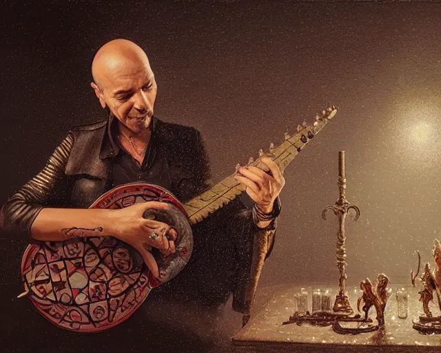 Prompt: 5 5 mm portrait photo of vasco rossi playing the lute. magical atmosphere. art by greg rutkowski. highly detailed 8 k. intricate. lifelike. soft light. nikon d 8 5 0.