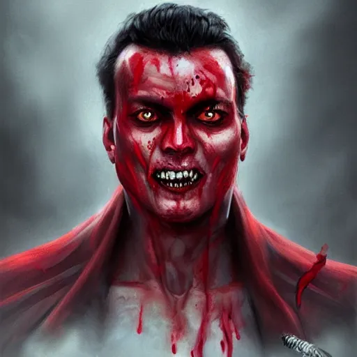 Image similar to portrait of rajesh hamal upper body in bloody business suit, blood red eyes, vampire fangs, fantasy, intricate, elegant, highly detailed, digital painting, artstation, concept art, matte, sharp focus, illustration, art by aenaluck and roberto ferri and greg rutkowski, epic fantasy, digital painting