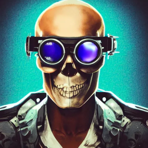 Prompt: a skull man wearing goggles with the words pixel spelt out above in a cyberpunk aesthetic