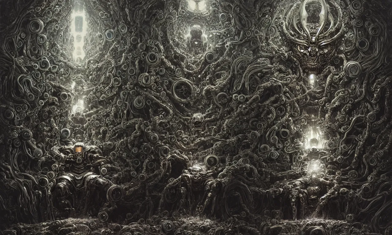 Image similar to symmetric frame of dr doom from Prometheus movie by beksinski, cyborg dr doom mecha by guo pei and alexander mcqueen metal couture editorial, eldritch epic monumental wallpaper by beksinski by Yuko Shimizu