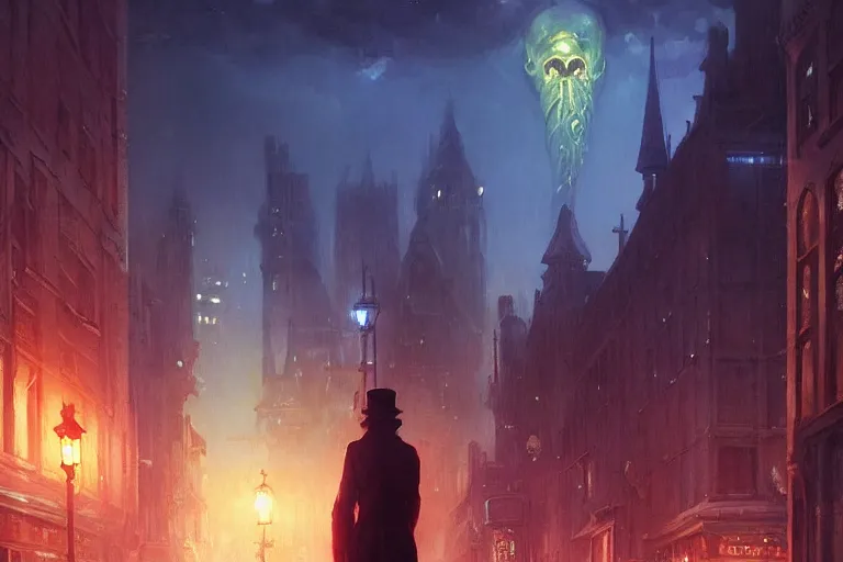 Image similar to an victorian city, scene in the night, cthulhu in the sky. 1 8 9 0, key visual, conceptart, ambient lighting, highly detailed, digital painting, artstation, concept art, sharp focus, by makoto shinkai and akihiko yoshida and greg manchess